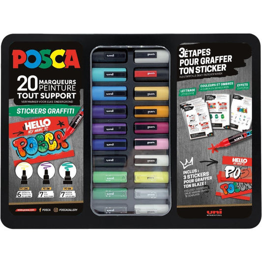 Posca - Malette - Stickers Graffiti - 20 marqueurs - PC1-1M - PC-3M - PC-5M