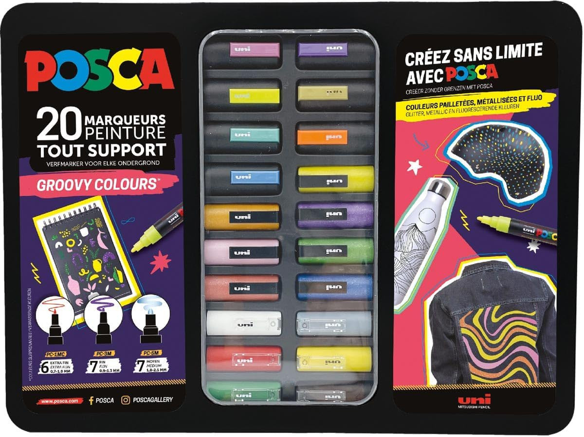 Posca - Mallette - Groovy Colours - 20 marqueurs - PC1-1M - PC-3M - PC-5M