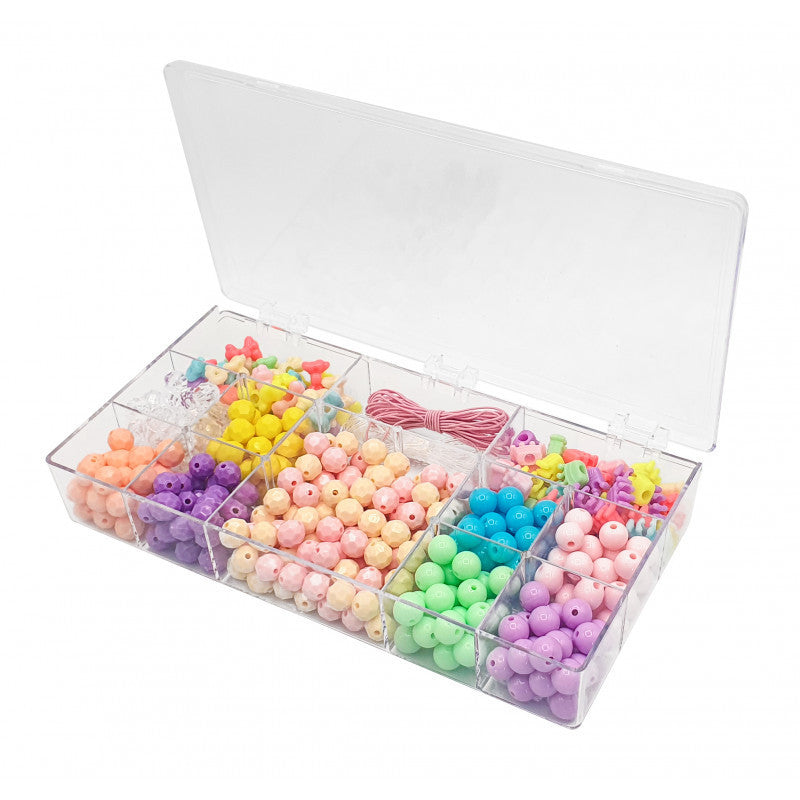 Perles - Rondes - Fantaisie - Couleurs pastel + fil élastique - Boîte de 200g - Bijoux