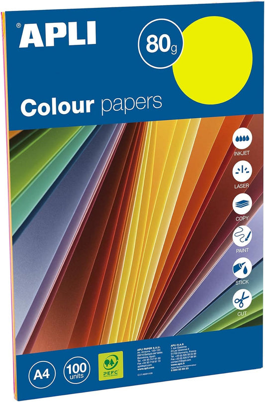 Ramette de papier - A4 - Couleurs fluos - 80g - Impression - 100 feuilles - Apli