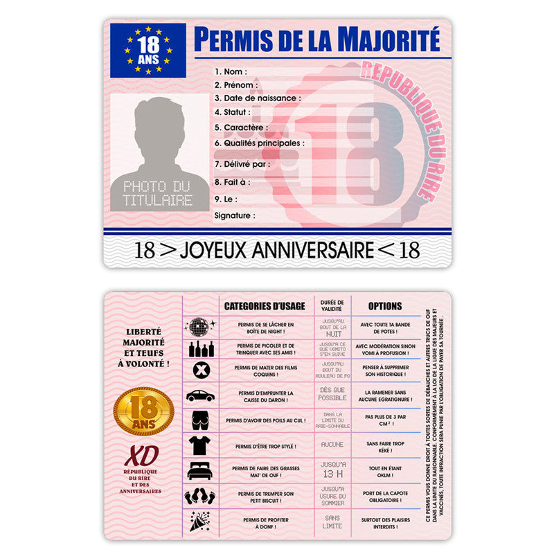 Permis de la majorité - 18 ans - Anniversaire - Cadeau humour