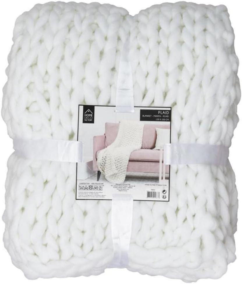 Plaid - Couverture - Ecru - Grosse maille - Chaude - Cocooning - Cosy - 1,5x1,2m