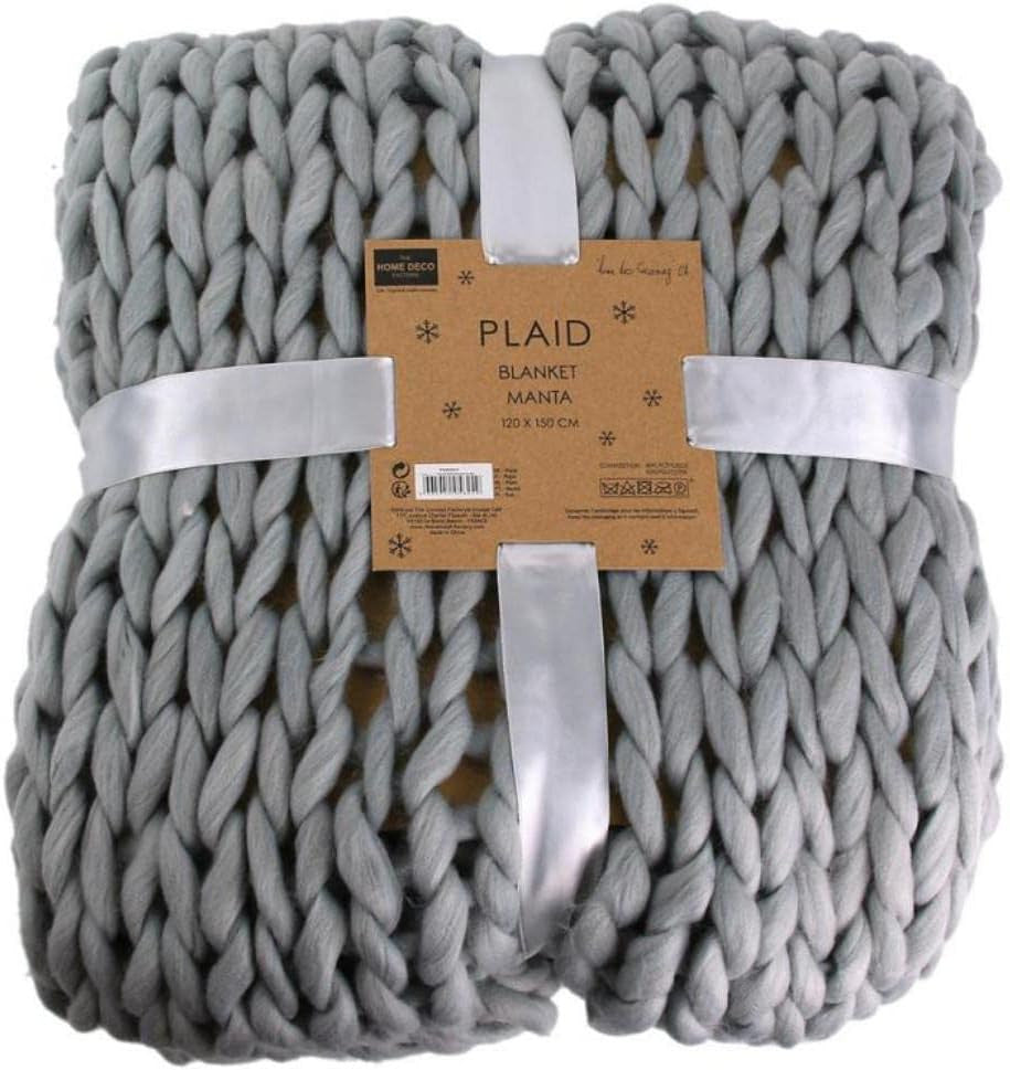 Plaid - Couverture - Gris - Grosse maille - Chaude - Cocooning - Cosy - 1,5x1,2m