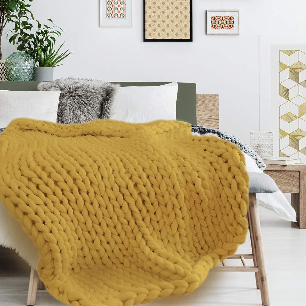 Plaid - Couverture - Jaune - Grosse maille - Chaude - Cocooning - Cosy - 1,5x1,2m