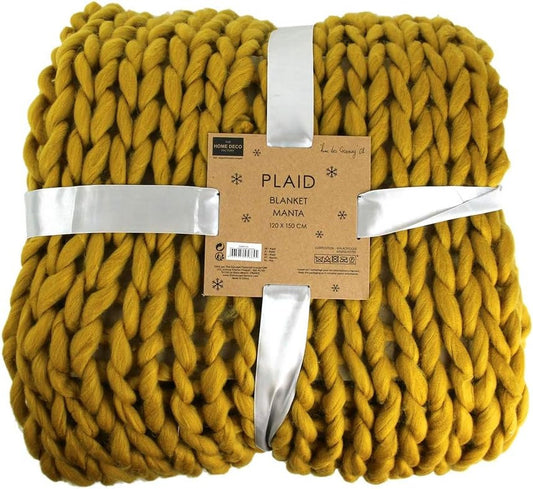 Plaid - Couverture - Jaune - Grosse maille - Chaude - Cocooning - Cosy - 1,5x1,2m