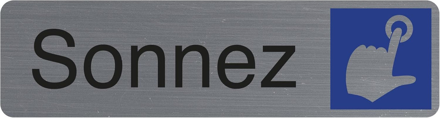 Plaque adhésive - Sonnez - Avec pictogramme - Imitation alu - 16,5x4,4cm - Signalétique