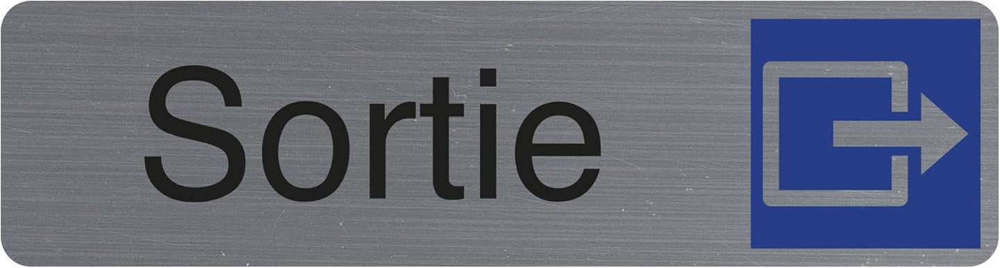 Plaque adhésive - Sortie - Avec pictogramme - Imitation alu - 16,5x4,4cm - Signalétique