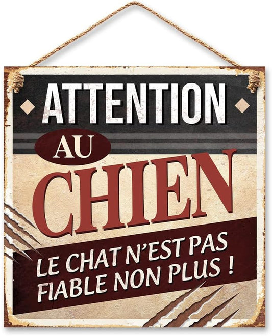 Plaque vintage - Attention au chien - Métal - 20x20cm - A suspendre - Décoration