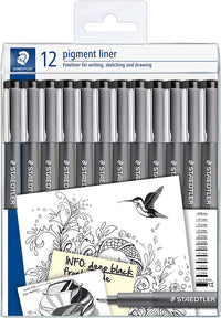 Pochette de 12 feutres fins - Noir - Assortiments de pointes - Pigment Liner - Staedtler