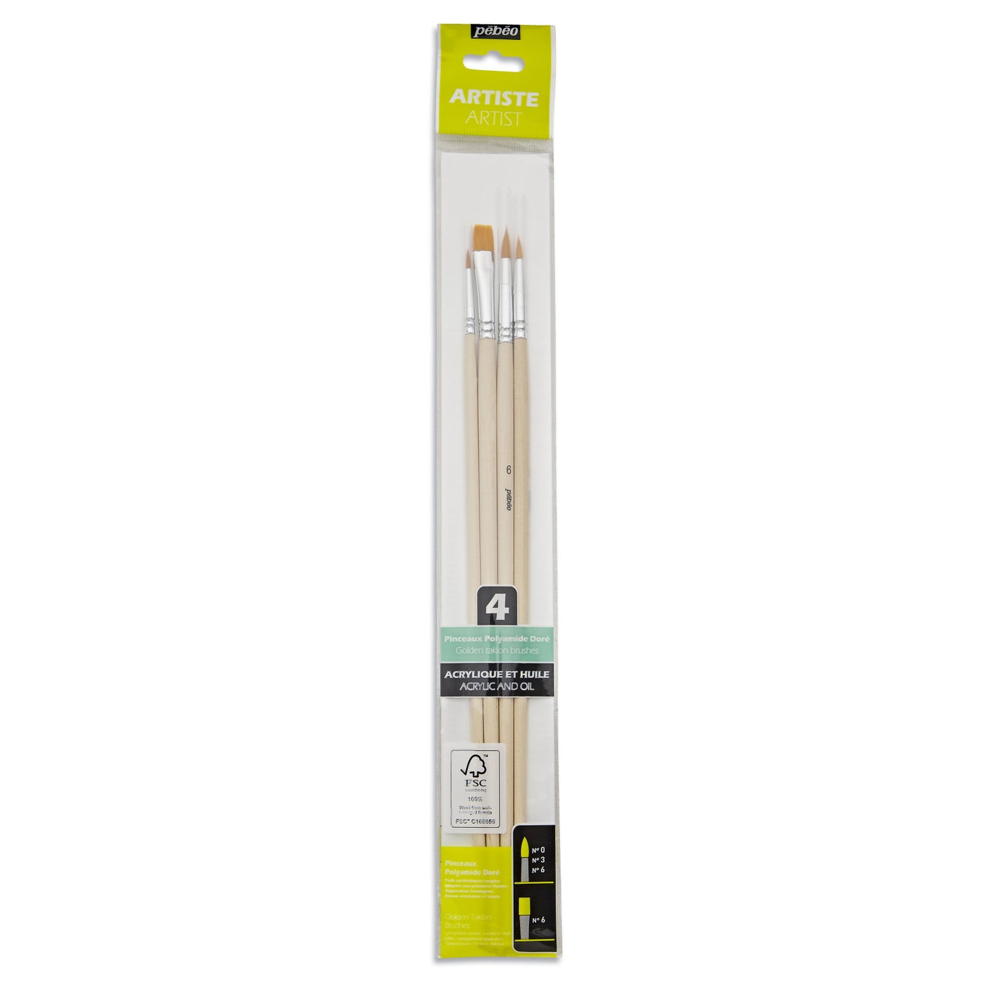 Pinceaux - Plat - Rond - 4 tailles - Manche long - Acrylique - Huile - Pébéo