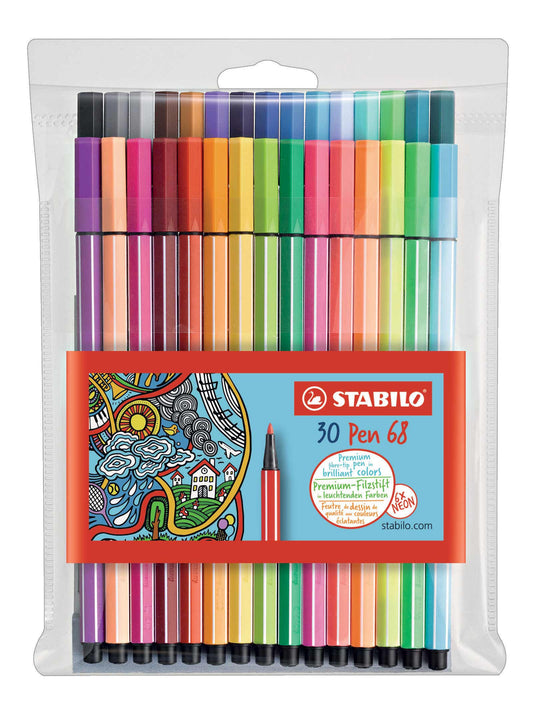 Pochette de 30 feutres de dessin STABILO Pen 68 - pointe moyenne - coloris assortis dont 6 fluo