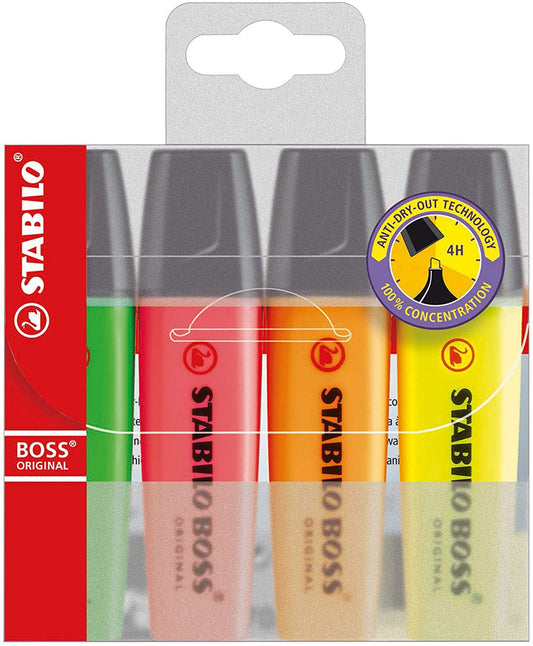 Pochette de 4 surligneurs STABILO BOSS ORIGINAL - assortiment fluo
