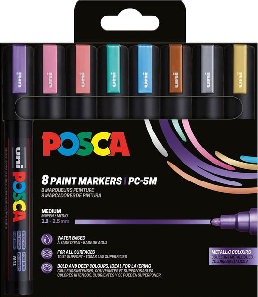 Pochette 8 marqueurs POSCA - PC5M - Couleurs métalliques - Pointe moyenne