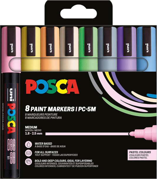 Pochette 8 marqueurs POSCA - PC5M - Couleurs pastel - Pointe moyenne