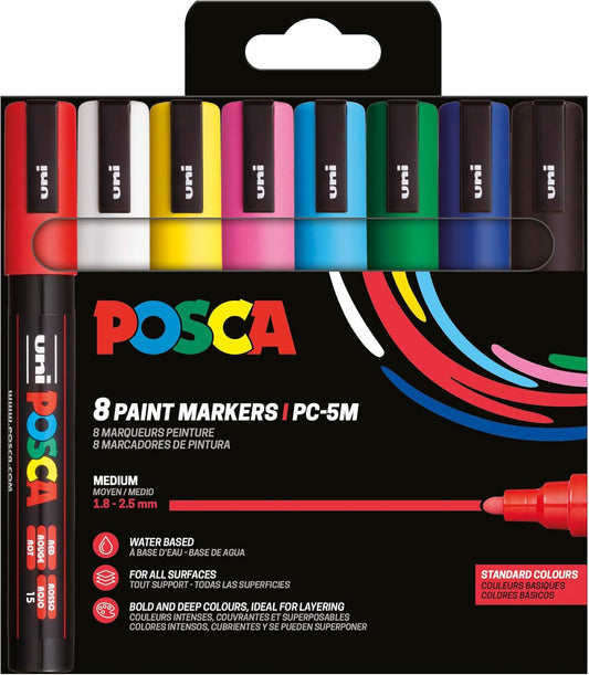 Pochette 8 marqueurs POSCA - PC5M - Couleurs basiques - Pointe moyenne