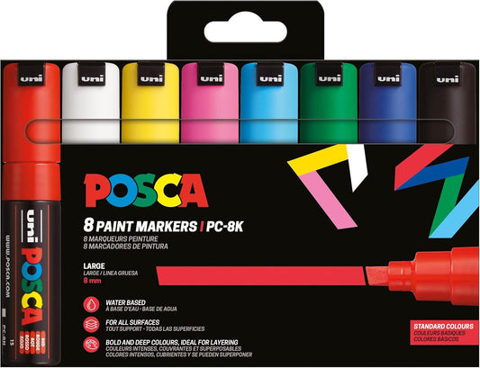 Pochette 8 marqueurs POSCA - PC8K - Couleurs basiques - Pointe large biseautée