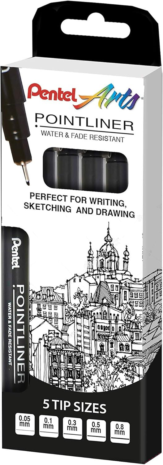 Pochette de 5 feutres de dessin - Pointliner - Dessin et écriture - Assortiment - Pentel Arts