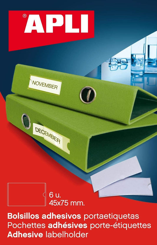 Pochettes adhésives porte-étiquettes pour classeur - 45 x 75 mm - 6 unités - Apli