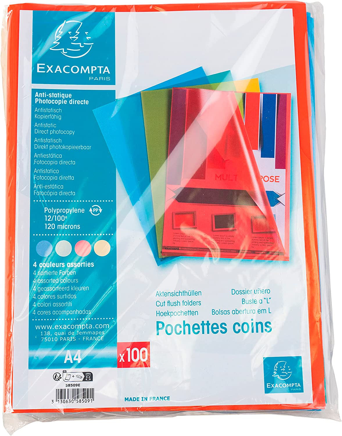 Pochettes plastiques coins - A4 - Couleur - Lot de 100 pochettes - Exacompta