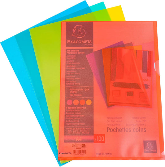 Pochettes plastiques coins - A4 - Couleur - Lot de 100 pochettes - Exacompta