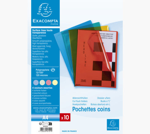 Pochettes coins - A4 - Couleurs assorties - Pour classer documents A4 - 10 unités