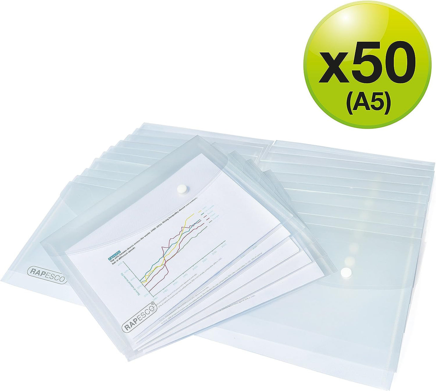 Pochettes - Plastique - Transparente - A5 - Bouton pression - Lot de 50 - Rapesco