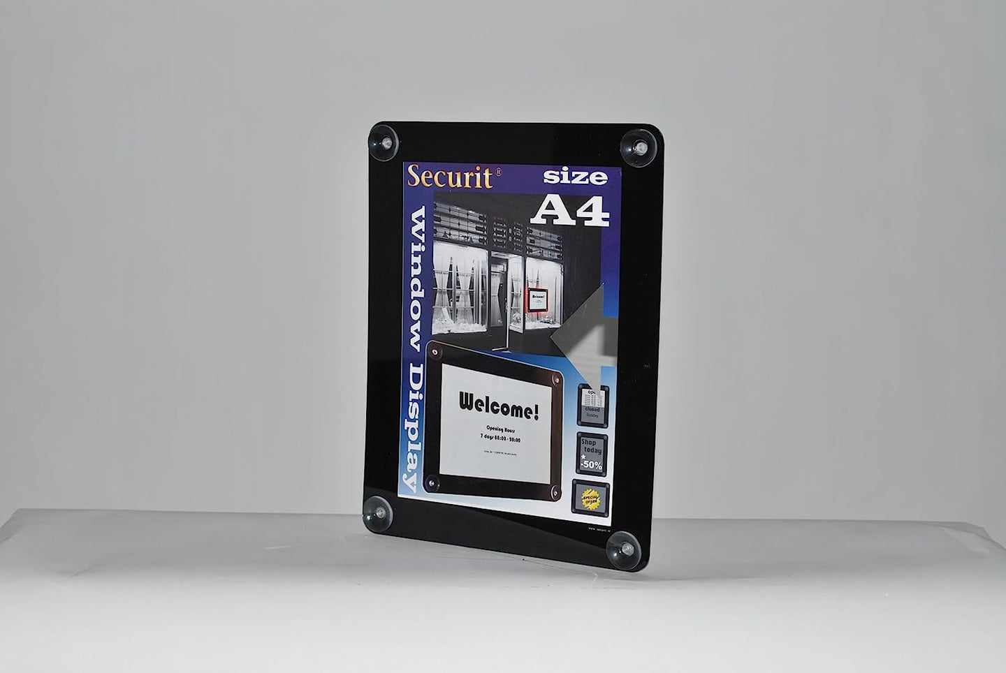 Porte affiche - A4 - Pour vitrine - 36 x 27 cm - 2 faces visibles - 4 ventouses - Securit