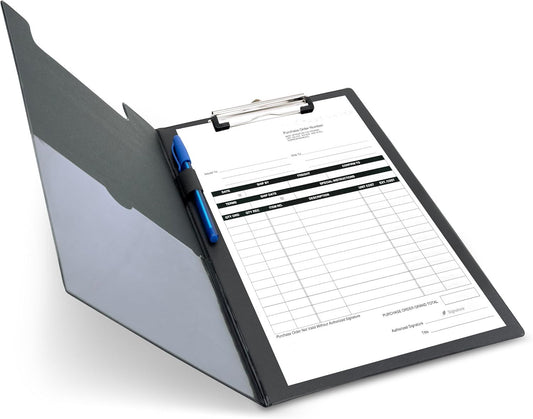 Porte-bloc - Pour documents A4 - Avec rabat - Clip métal - Plastique - Noir