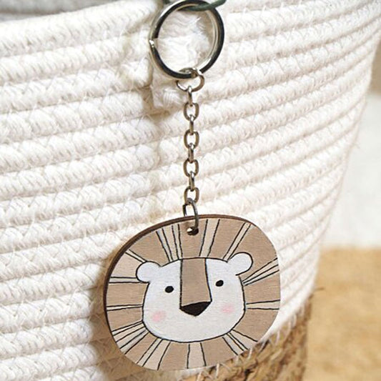 Porte-clés - Rond - Forme de lion - A personnaliser - Bois - 5cm diamètre
