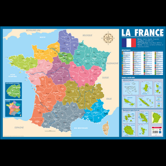 Poster pédagogique - Carte de la France administrative - 52x76cm - A afficher - Bouchut
