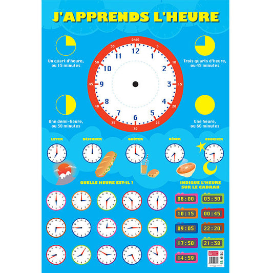 Poster pédagogique - J'apprends l'heure - 52x76cm - A afficher - Bouchut