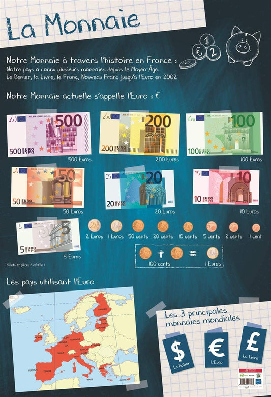 Poster pédagogique - J'apprends la monnaie, l'euro - 52x76cm - A afficher - Bouchut