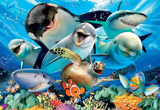 Puzzle - 500 pièces - Selfie sous l'eau - Dauphins - Requin - Orque - Tortue