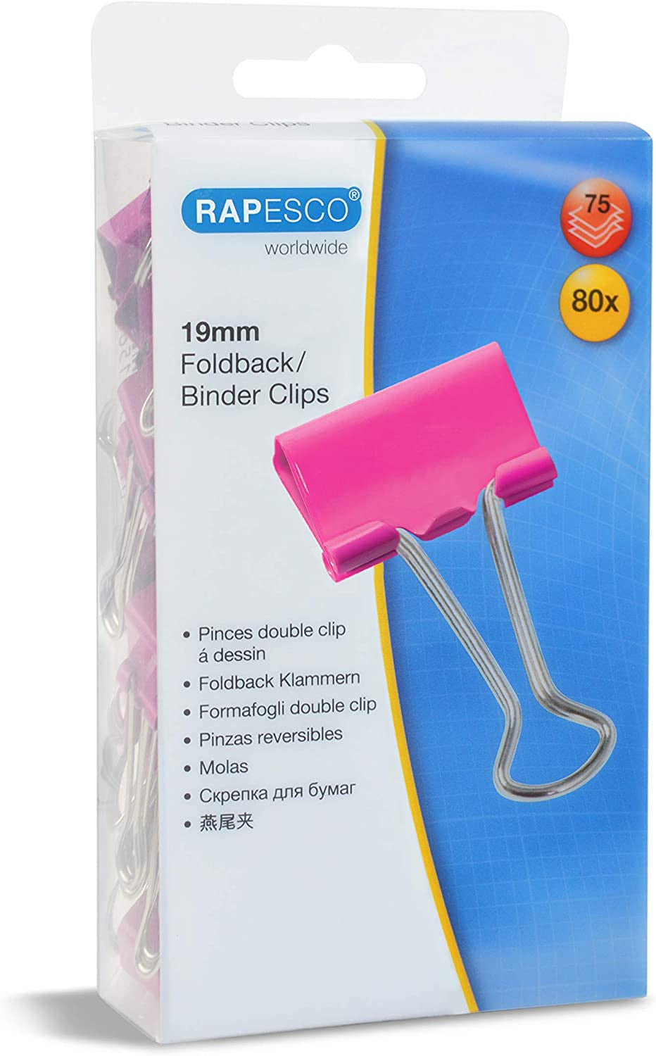 Pinces à clip - Rose - 19mm - Accessoires de bureau - Boîte de 80 unités
