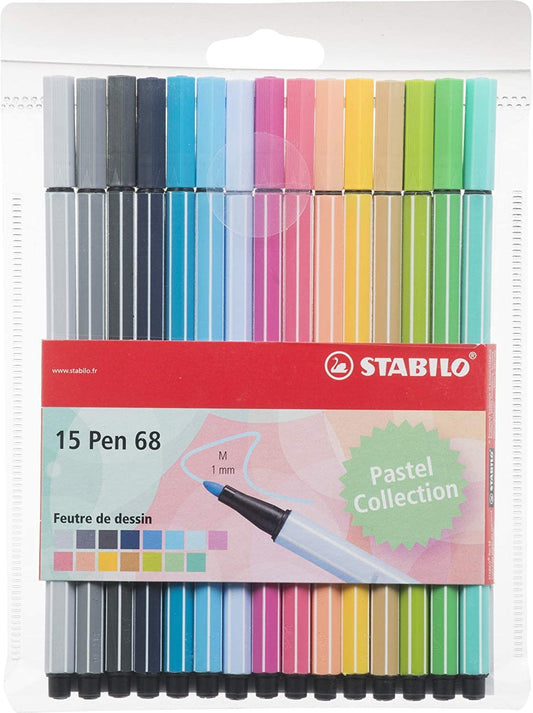 Pochette de 15 feutres de dessin STABILO Pen 68 - pointe moyenne - coloris pastel