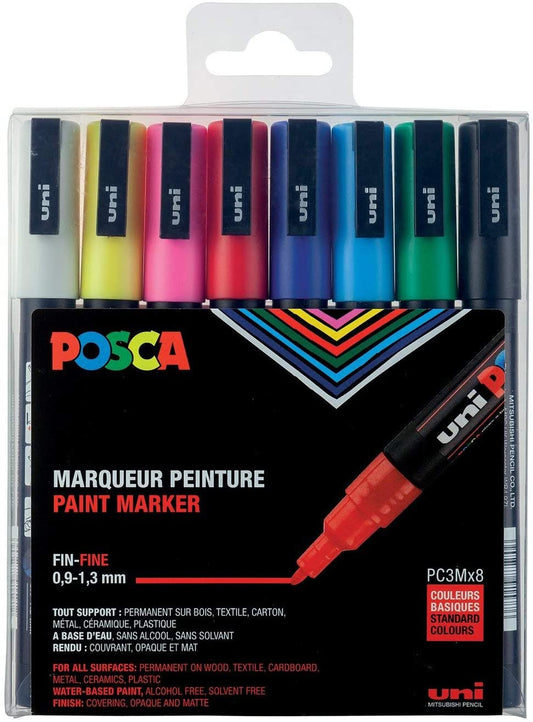 Pochette de 8 marqueurs - Posca - PC3M - Pointe fine conique - Tous supports